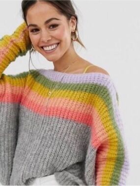 Free People Rainbow Alpaca Sweater Oversized Cozy Pastel Fuzzy Knit M
